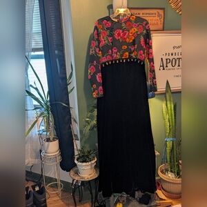 Vintage 1960s 60s Bernie Bee Black Velvet Pink Poppy Print Cocktail Maxi Dress